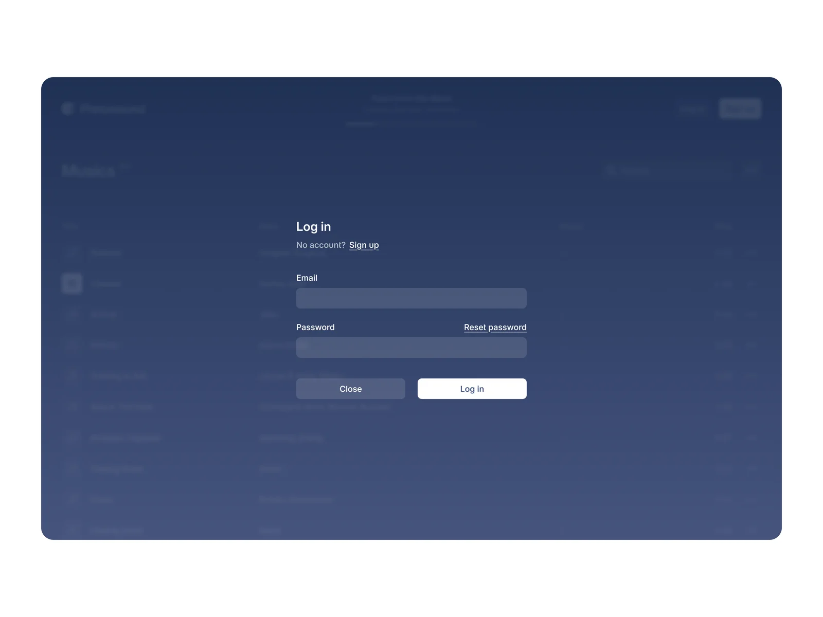 Log in screen