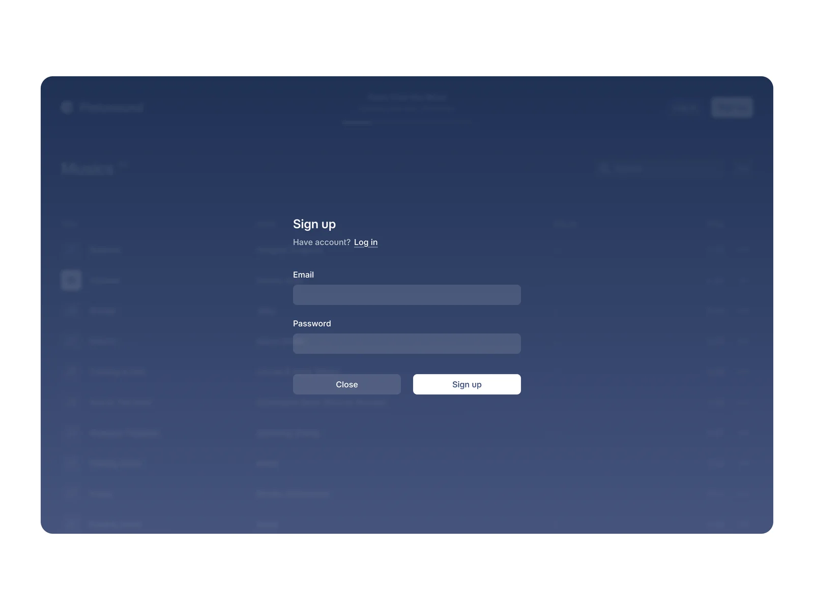 Sign up screen